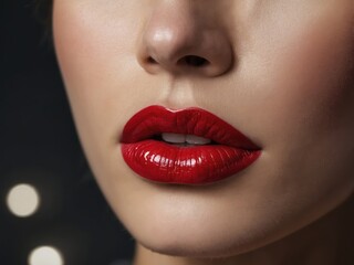 Obraz premium A close-up of a woman’s lips with deep red lipstick, highlighting their fullness and shine, creating a captivating and glamorous look