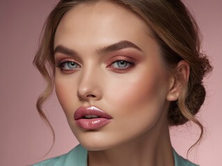 Fototapeta premium A captivating portrait of a woman highlighting her expressive eyes and luscious lips, exuding charm and sophistication, framed by natural light