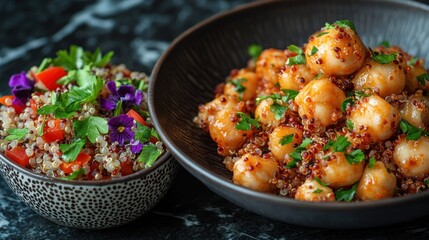 A bowl of gnocchi with a side of quinoa salad.