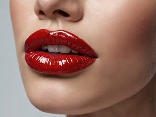 Fototapeta premium A close-up of a woman’s lips with deep red lipstick, highlighting their fullness and shine, creating a captivating and glamorous look