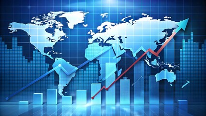 Perspective view of stock market growth, business investing and data concept with digital financial chart graphs, diagrams and indicators on dark blue blurry background	
