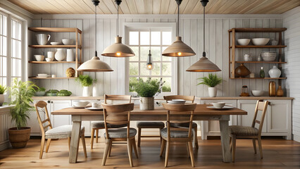 Warm Country Dining Room with White Walls and Vintage Lighting. Perfect for: Family gatherings, countryside weddings
