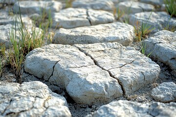 Cracked, White Rocks with Green Grass Growing Through the Cracks