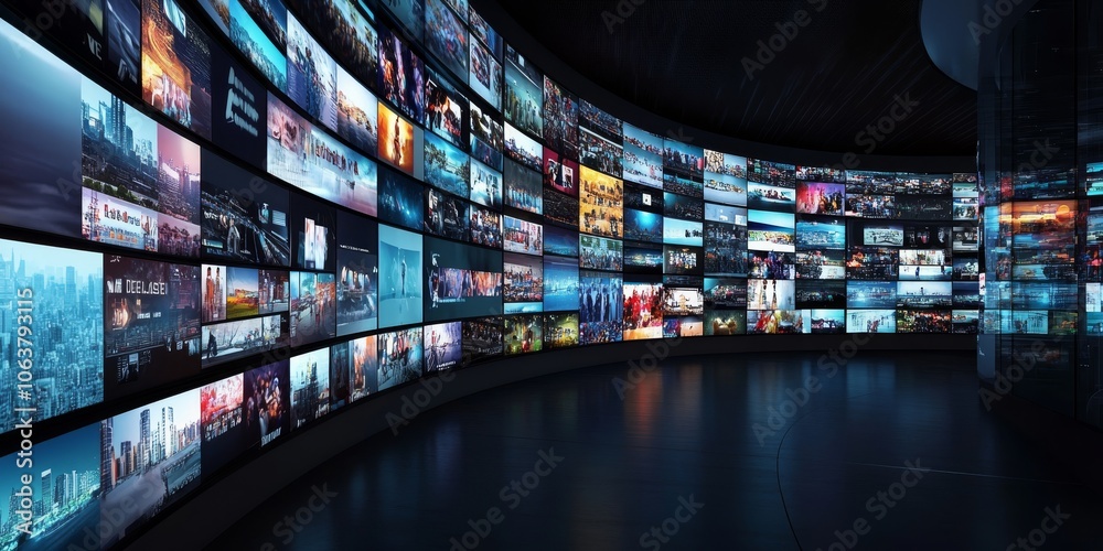 Poster a stunning multimedia streaming wall showcases an array of vibrant, dynamic images specifically desi