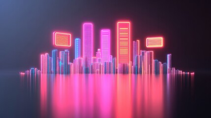 A vibrant, futuristic digital city skyline featuring neon lights and reflections on water, creating a striking, colorful ambiance.