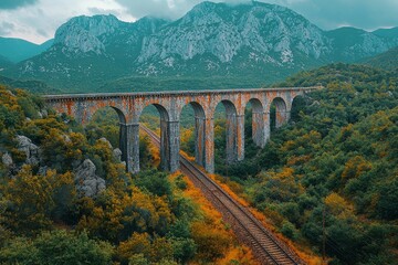 Stone Arch Bridge Over Train Tracks in a Mountainous Forest