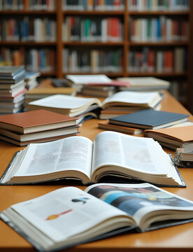 rge collection of books including textbooks dictionaries magazines and a vector graphics book are open on flat tables in the school library