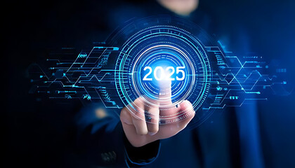 futuristic hand presses start button tech innovation concept display