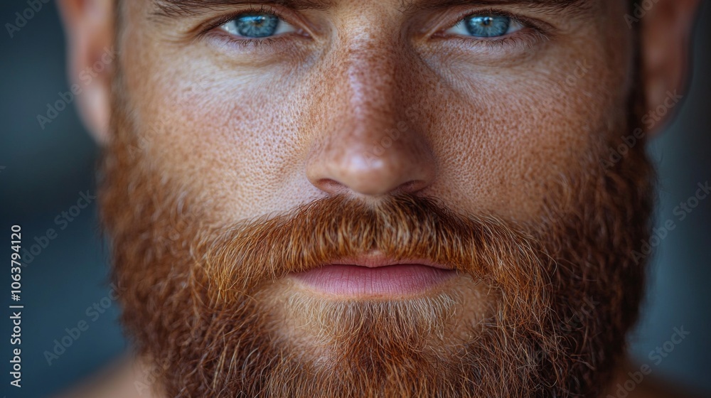 Poster a young man with a vibrant red beard and piercing blue eyes gazes directly at the viewer, highlighti