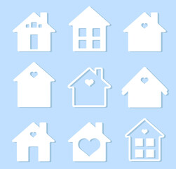 A set of flat vector houses. Vector white houses with hearts