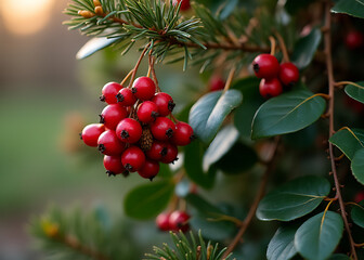 Obraz premium Red berries and prickly leaves decorate homes during the holiday season in honor of Christmas