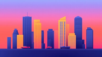 Obraz premium A vibrant city skyline features modern skyscrapers against a colorful gradient sky at dusk.
