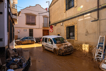 Photo shows the aftermath of the recent flood in Alfafar, Valencia, Spain. Captured are damaged...