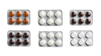 Assorted medicine tablet packs isolated on black background for healthcare use - png set transparent background