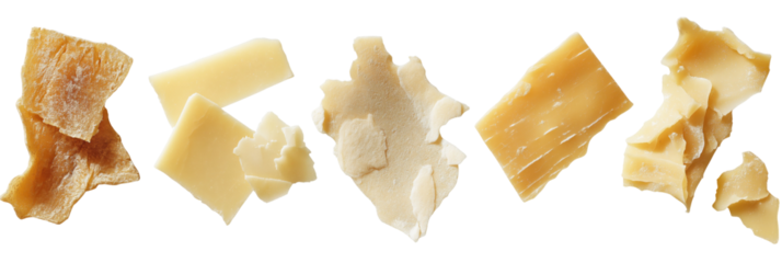 Assorted parmesan cheese shards displaying varied aging stages - png set transparent background