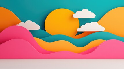 A vibrant, colorful paper landscape featuring abstract waves, a bright sun, and fluffy clouds against a teal background.
