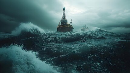 Obraz premium Resilient Offshore Oil Rig Weathering Turbulent Seas During Powerful Storm Modern Drilling Platform Enduring Rough Ocean Conditions with Impressive Engineering Capabilities