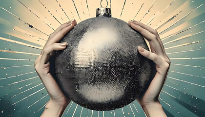 glitter silver ball vintage halftone collage holds festive charm amidst delicate hand illustrations
