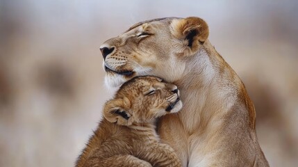 A mother lion is holding her cub