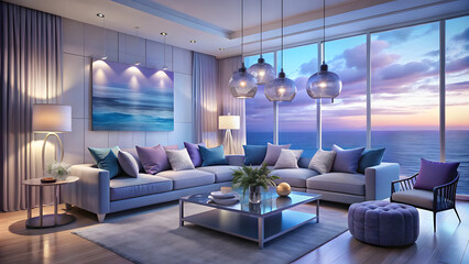 Evening-Themed Living Room with Blue-Purple Tones and Crystal Accents. Perfect for: Relaxation spaces, evening gatherings, coastal-themed decor