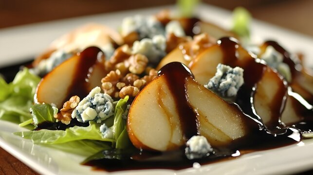 A salad of thinly sliced caramelized pears, crumbled blue cheese, and toasted walnuts over a bed of mixed greens