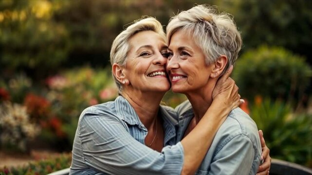 Mature lesbian couple enjoy a tender moment.