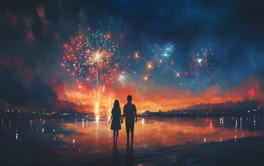 Fototapeta premium A romantic couple stands together watching vibrant fireworks illuminate the night sky over a serene water landscape.
