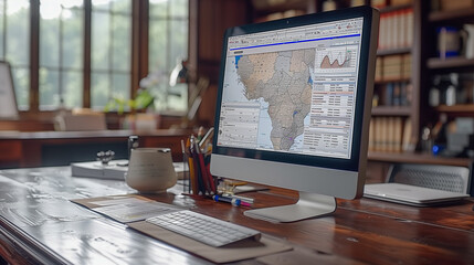 Obraz premium Modern Desk Setup with Computer Displaying Geographic Data Map