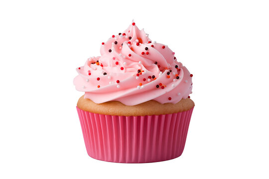 Delicious pink cupcake with icing and colorful sprinkles, isolated on a transparent background. Perfect for dessert menus and sweet treats.