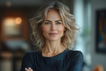 Obraz premium a confident middleaged businesswoman stands with arms crossed in her office exuding strength and leadership while looking directly at the camera embodying professionalism and success
