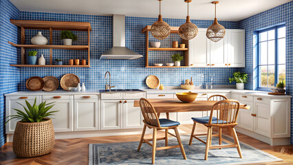 Mediterranean Kitchen with Blue Tiles and Coastal Elements. Perfect for: Coastal homes, Mediterranean-style gatherings, beach cottages