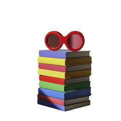 A stack of colorful books with red glasses on top, isolated on white. PNG transparent.