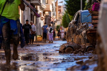 Photo shows the aftermath of the recent flood in Alfafar, Valencia, Spain. Captured are damaged...