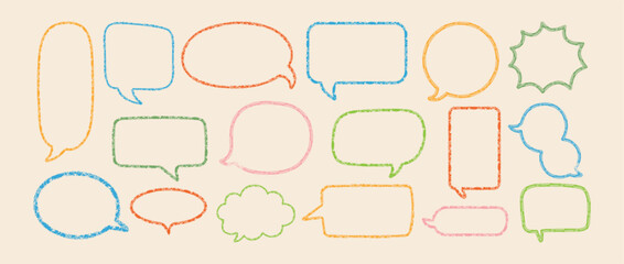 Pencil speech bubbles. Grunge chalk talk frame. Comic color dialog box in sketch style. Texture crayon communication speech bubble. Stickers for messages. Vector set