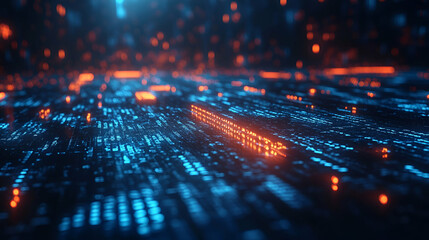 A digital landscape showcasing vibrant blue and orange lights on a dark background, resembling data flow or a futuristic technological environment.