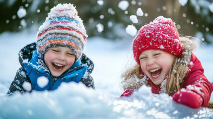 Children joyfully playing with snowballs near an ice patch during winter fun in a snowy park