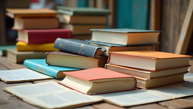 ooks business diaries and workbooks of various colors are depicted in different positions on a big set with world book and copyright day theme