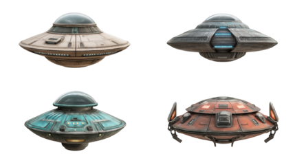 Futuristic ufo designs isolated on white background for creative projects - png set transparent background