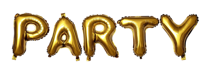 Glossy gold balloon letters forming party for celebrations and events