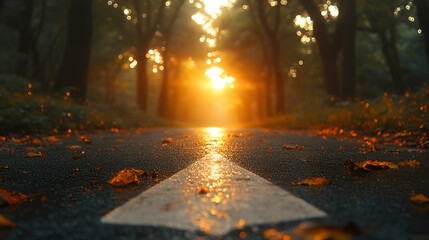 Obraz premium A serene forest path at sunset, with golden light filtering through trees and fallen leaves lining the way.