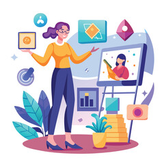 Woman Presenting Digital Content with Charts and Graphics