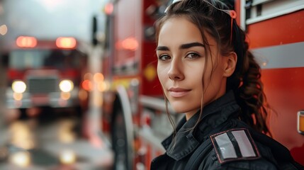 A powerful image of a young female firefighter in uniform, proudly posing in front of fire trucks in a station, symbolizing bravery and strength.