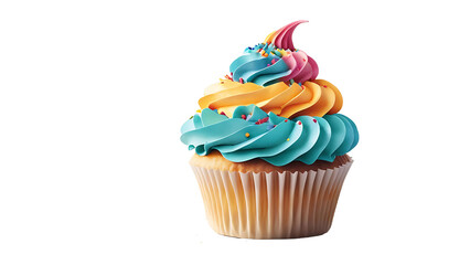 Single cupcake topped with vibrant, colorful frosting on a clean white background—deliciously detailed and visually inviting, perfect for any sweet celebration