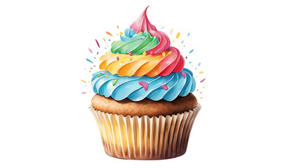 Single cupcake topped with vibrant, colorful frosting on a clean white background—deliciously detailed and visually inviting, perfect for any sweet celebration