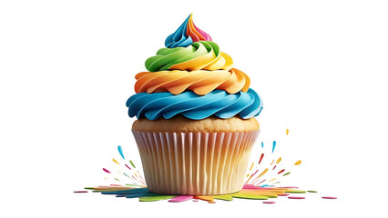 Single cupcake topped with vibrant, colorful frosting on a clean white background—deliciously detailed and visually inviting, perfect for any sweet celebration