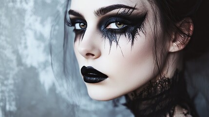 A glamorous yet spooky Halloween makeup tutorial, blending beauty with eerie elements like dark eyes and gothic lips.
