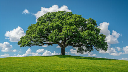 Lone Oak Tree on a Sunny Hilltop with Clear Blue Sky