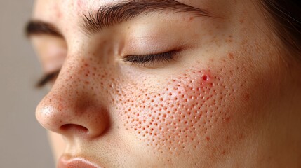 A young woman poses with her eyes closed, highlighting the texture of her skin. Enlarged pores and blemishes are visible on her cheek, emphasizing natural beauty and skin conditions.