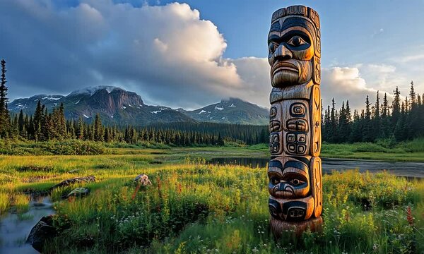 A totem pole stands amidst lush greenery and mountains.