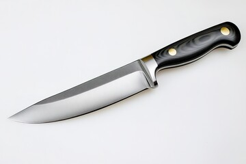 Sharp chef's knife with black handle on white